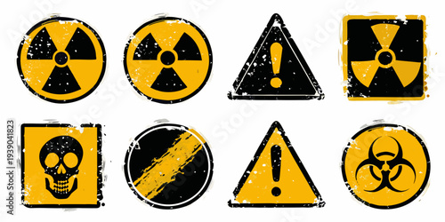 Collection of warning signs radiation biohazard skull and exclamation points