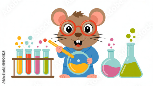 Curious cartoon mouse in lab coat conducts colorful chemistry experiment with test tubes and beakers