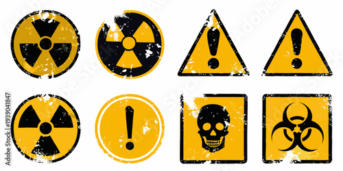 A collection of distressed warning signs radiation hazard and biohazard