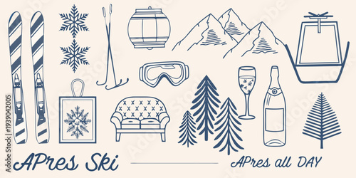 Winter sports and apr s ski themed illustrations in a linear style