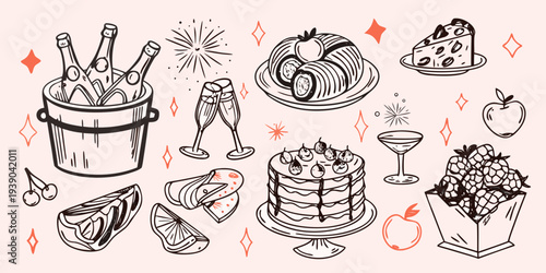 Celebratory sketch featuring champagne cakes and various sweet treats