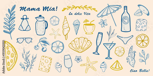 Italian summer themed doodles with citrus drinks and coastal elements