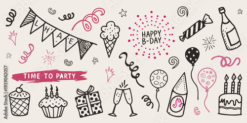 Colorful hand drawn birthday doodles and celebratory elements on a beige background