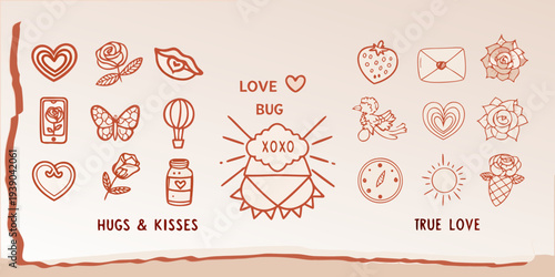 A collection of hand drawn love and affection themed illustrations