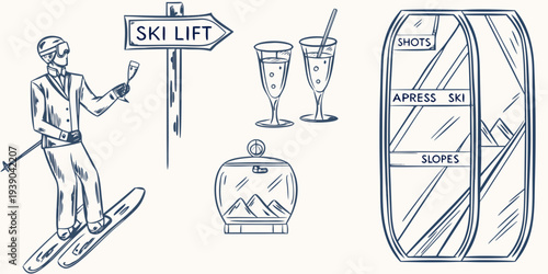 Skiing apres ski drinks and mountain life illustrated in a sketch style