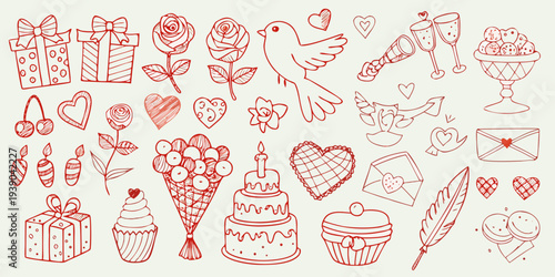 Hand drawn romantic doodles featuring hearts roses and celebratory items