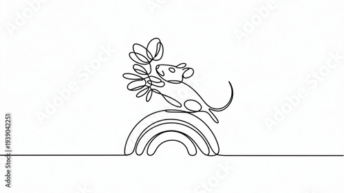 Continuous line drawing of a smiling dog holding flowers on a rainbow symbolizing hope and happiness in a minimalist style