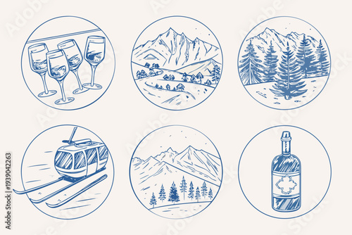 Collection of blue line art icons depicting travel and leisure scenes