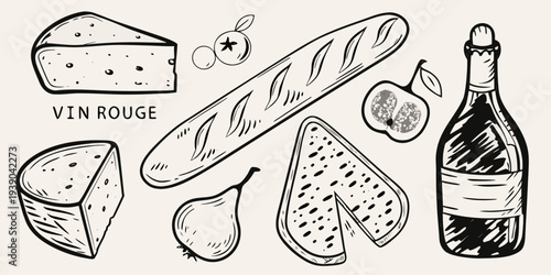 A sketch of cheeses baguette pear wine and accompanying elements