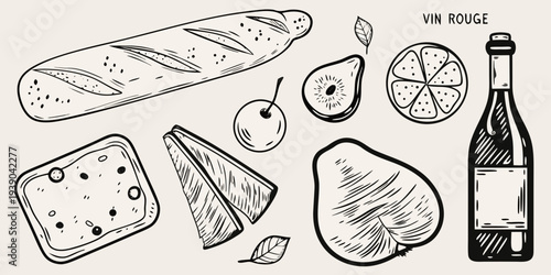 A sketch of french culinary items including bread cheese fruit and wine