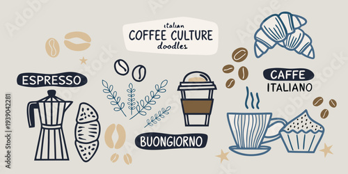 Italian coffee culture illustration featuring doodles of drinks and pastries