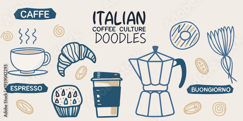 Italian coffee culture illustration with doodles of espresso croissants and more