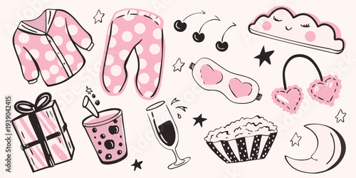Cute pink pajama set with sleep themed doodles and sweet treats