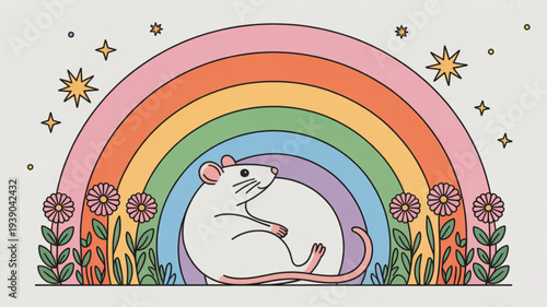 A white mouse sits under a vibrant rainbow surrounded by colorful flowers and stars conveying happiness and positivity in a whimsical setting