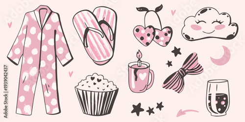 A collection of pink illustrated items for cozy nights and sweet dreams
