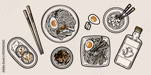 A flat lay illustration featuring ramen dumplings and condiments