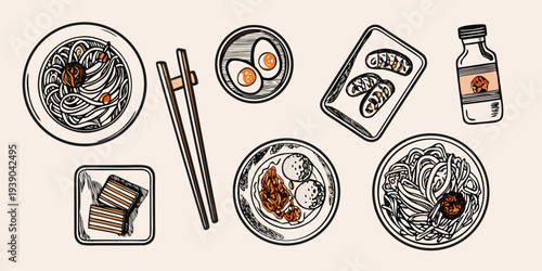 A collection of japanese food illustrations including ramen dumplings and bento