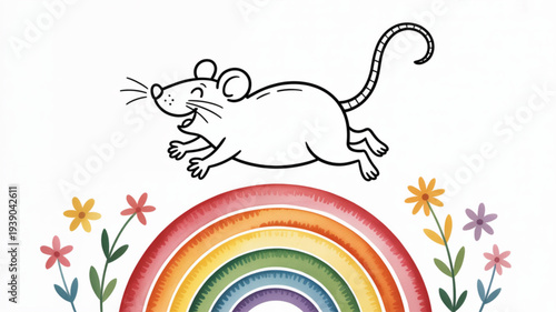 A cheerful cartoon mouse jumping over a vibrant rainbow with colorful flowers symbolizing joy and optimism in a whimsical scene