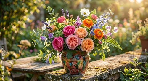 Colorful tulips and roses blooming in a spring garden bouquet with pink and yellow flowers in a vase surrounded by green leaves