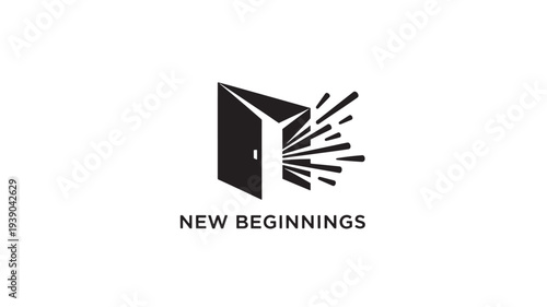 A black and white logo featuring an opening door with light rays, symbolizing new beginnings, success, and opportunity on a clean white background.