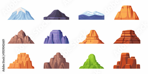 A collection of cartoon mountains and rock formations in various colors