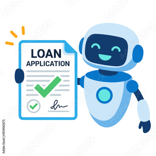 A robot happily holds up a loan application form with a green checkmark.