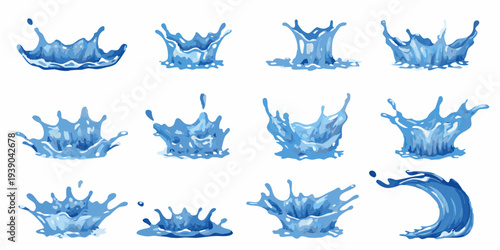 Collection of vibrant blue water splashes in various shapes and forms