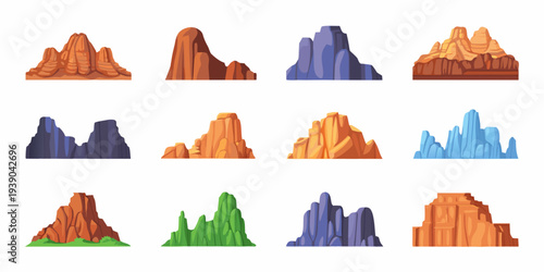 Cartoon illustration of various colorful mountain and rock formations
