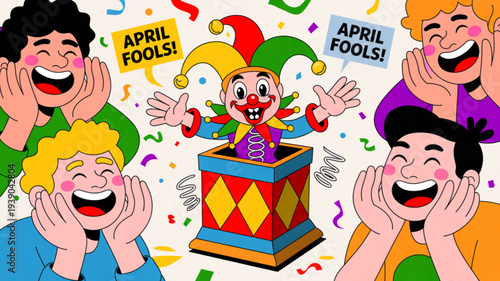 April fools' day celebration with jester and friends laughing together in surprise