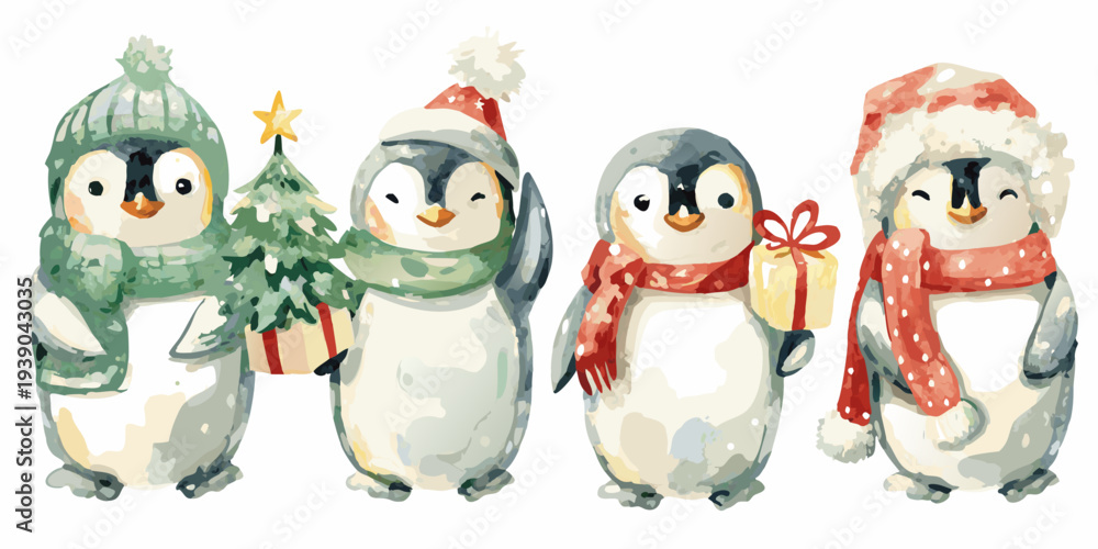 Obraz premium Watercolor penguins celebrate the winter holidays with gifts and festive wear