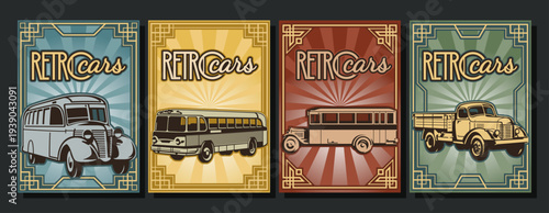 Retro Trucks and Buses from the 1930s - 1940s. Classic Transport Advertising Poster Set. Art Deco Frames, Autobus and Truck. 1930s, 1940s Color Palette