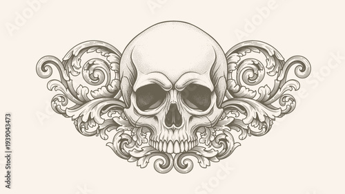 Floral decorative vector elements set, rococo and baroque style, SKULL, vintage royal details. engraving illustration set