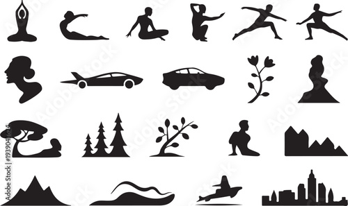 Collection of minimalist silhouette icons depicting yoga fitness travel and nature themes