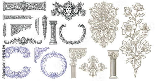 baroque victorian frame border illustration vintage floral ornament vector line art hand drawn set collection