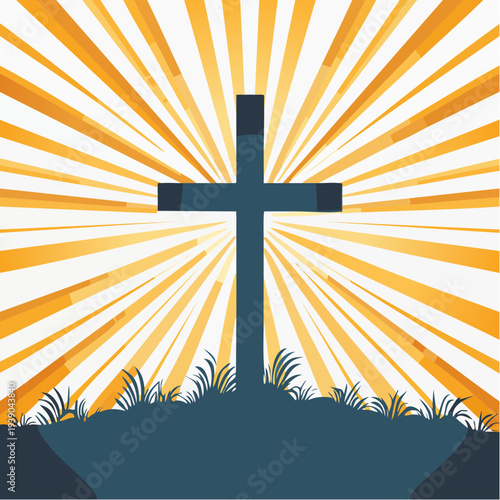 Christian cross on hill with sunburst rays.