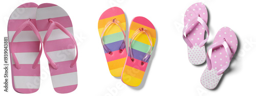 Bright and colorful summer flip-flops in various patterns, ready for beach trips or casual wear, transparent background.