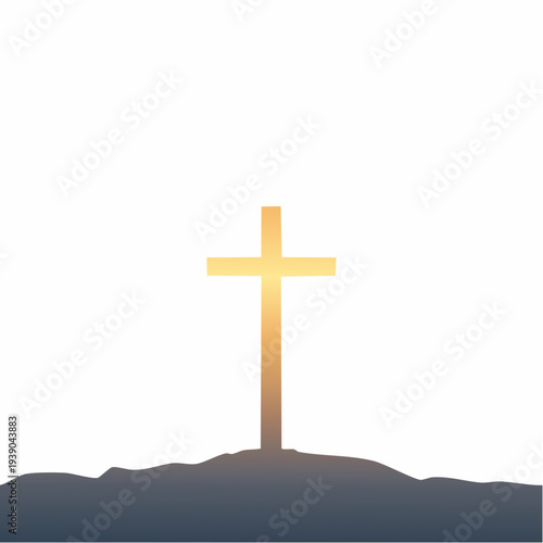 Christian cross on hilltop against white background.