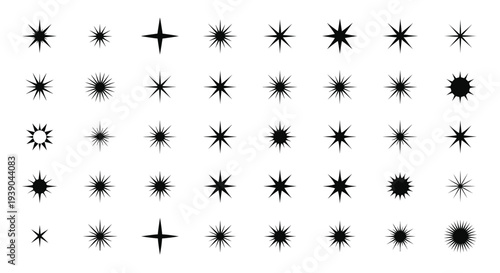 Minimalist Star and Sparkle Line Icon Set, Clean Glittering Light Effect Outline Symbols, Simple Decorative Shine Pictograms on Isolated White Background.