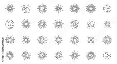 Sun, Sunburst, and Moon Outline Icons Set, Day and Night Celestial Elements, Isolated White Background