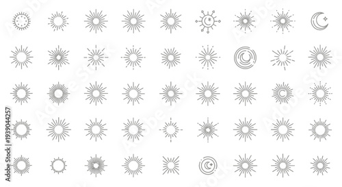 A collection of minimalist line art celestial symbols, including suns, stars, and moons, in various geometric patterns.