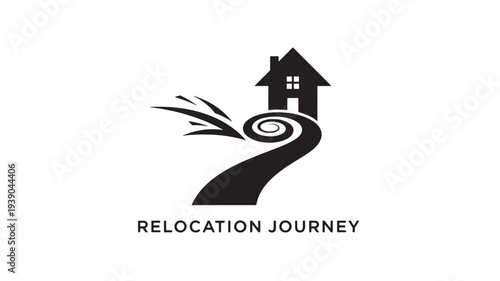 A stylized black logo featuring a house on a winding road, symbolizing relocation and journey, set against a clean white background with bold text.