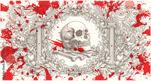 Dark Victorian engraving composition featuring skull motifs, ornate floral scrolls, classical columns, and horror blood splashes.