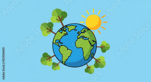 Earth with green leaves and sun on blue background symbolizing eco friendly environment and sustainability