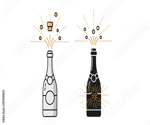 Champagne bottle icon set with celebration sparks on white background

