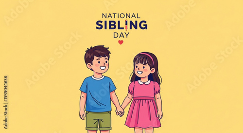 National sibling day illustration of smiling brother and sister holding hands on yellow background