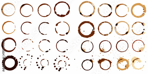 Collection of coffee rings and splatters on a white background