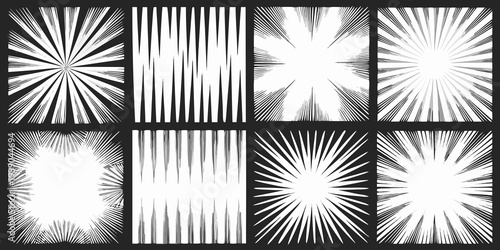 Eight comic book style burst and speed line vector illustrations