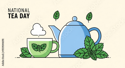 National tea day illustration with steaming green tea cup and blue teapot surrounded by leaves on beige background
