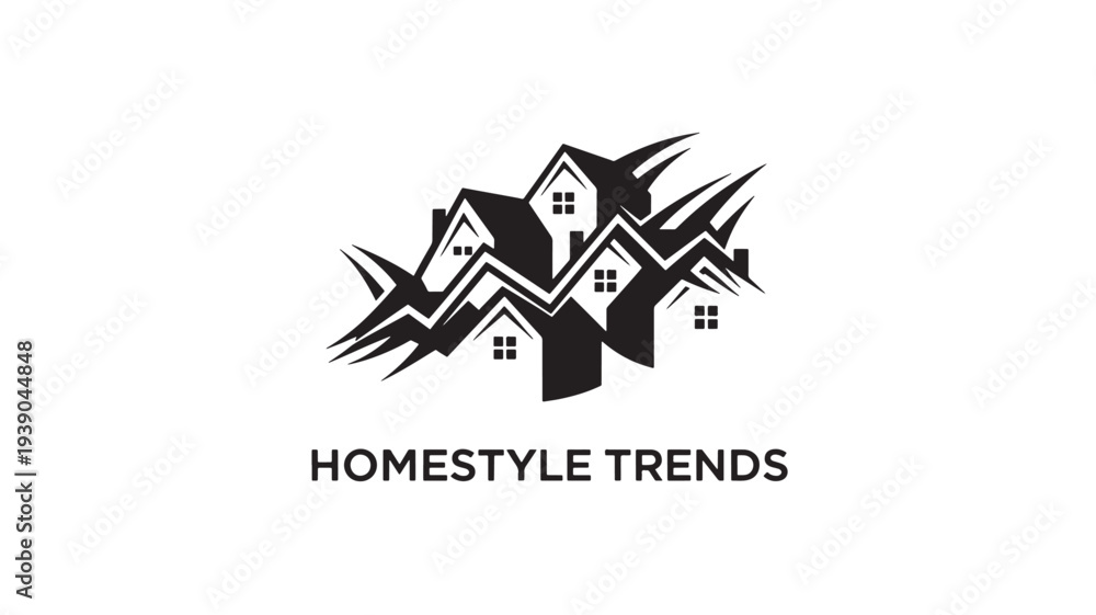Fototapeta premium A black and white logo featuring stylized house icons with the text 'HOMESTYLE TRENDS' below, set against a clean white background.