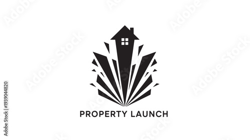 A modern black and white logo featuring a house icon with abstract design elements, representing property launch and real estate concepts.